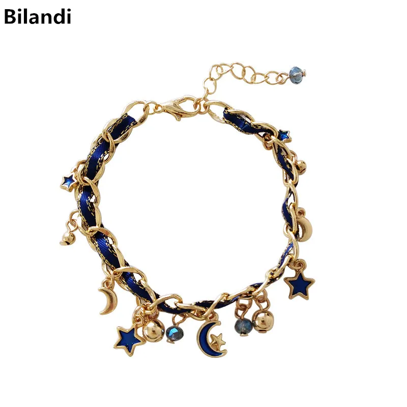 

Sweet Design Chain With Blue Pink Rainbow Moon Star Beads Pendant Bracelet Fo Girls Jewelry