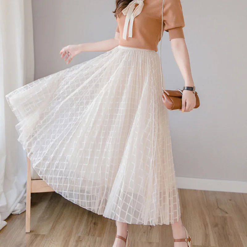 

2019 Summer Mesh High Waist Women Midi Skirts Pleated A Line Vogue Sweet Female Vestidos Fashion Casual Streetwear Femme Bottom