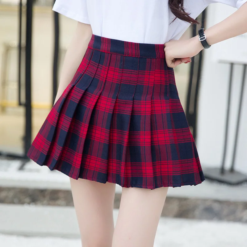 

Summer High Waist Plaid Skirt Female Preppy Style A-Line Pleated Skirt Student Safety Lining Above Knee Mini Skirt Girls