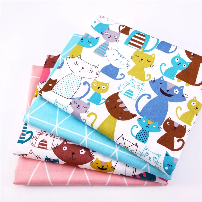 

4pcs/lot Cotton Printed Twill Fabric Patchwork,Cat&Stripe Pattern Cloth Material of Craft/Pillow/Cloth/Sewing/Quilting