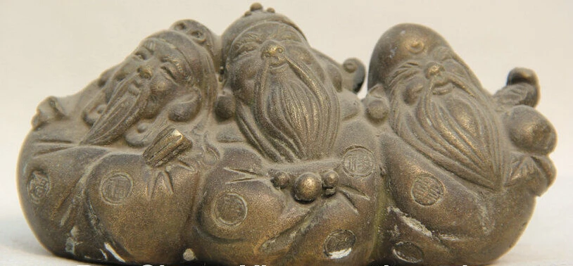 

68@g++5" Old Chinese Copper 3 Longevity God Fu Lu Shou Life Mammon Money Wealth Statue