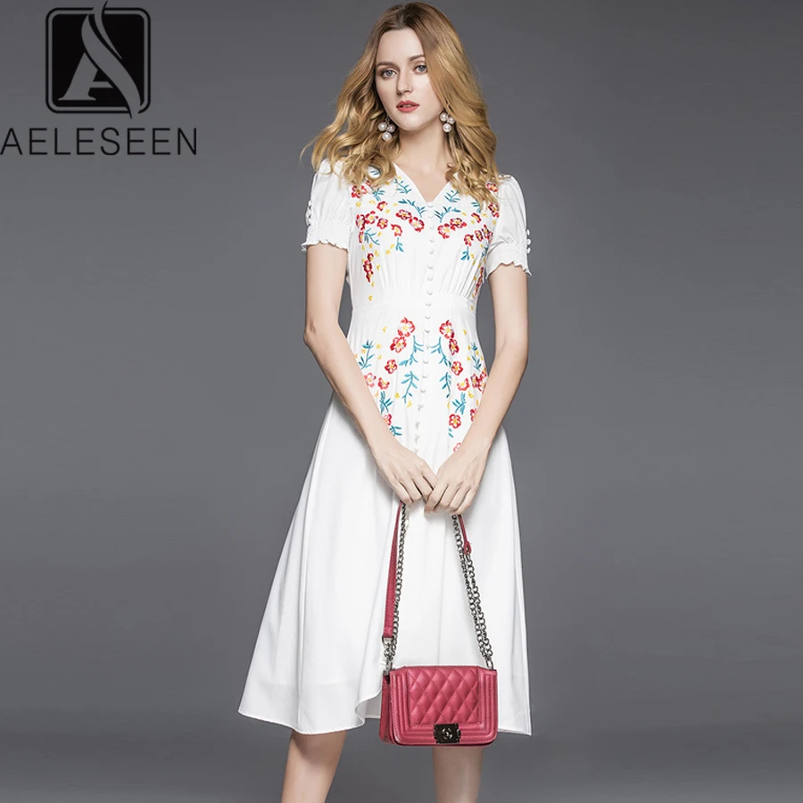 

AELESEEN Elegant Women White Dress 2019 Fashion New Luxury Summer Design Flower Embroidery V-Neck Mid-Calf Long Dress Vestidos