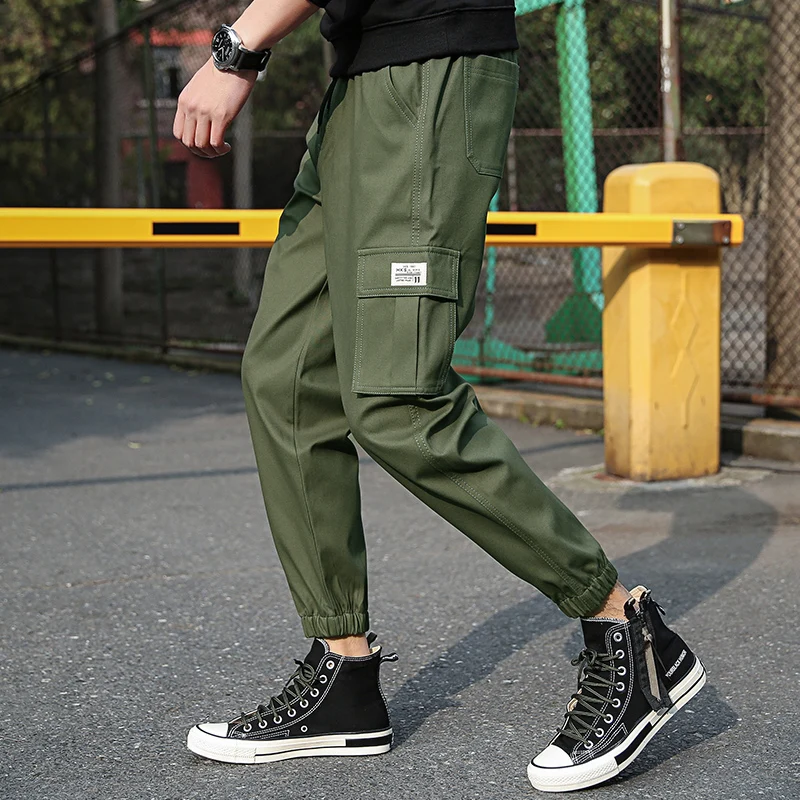 

Men's Cargo Pants Cotton Drawstring Jogger Casual Pants Many Pockets Ankle Banded Black Gray Khaki Fashion Male Trousers 2019