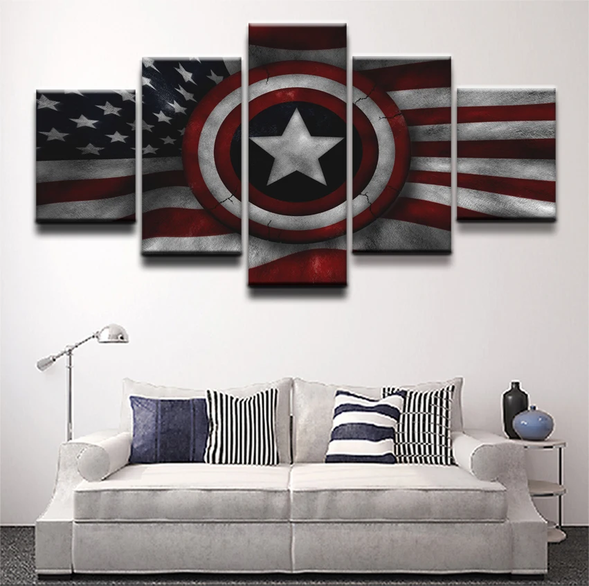 

Avengers Captain America Flag Movie 5 Pieces Canvas Painting Wall Art Living Room HD Print Painting Modern Home Decor Picture