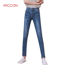 WICCON2018 мода на лето и весну джинсовые узкие брюки женский Нерегулярные молния Fly джинсы Повседневное Vintag полной длины Высокая талия джинсы