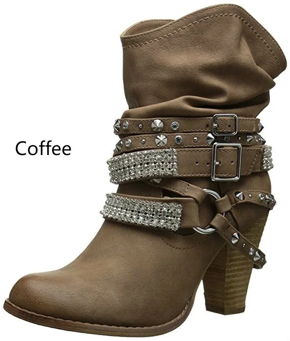 XingDeng/женские весенние ботильоны с пряжкой и заклепками; женские пикантные вечерние ботинки на высоком каблуке в байкерском стиле; большие размеры 34-43 - Цвет: coffee