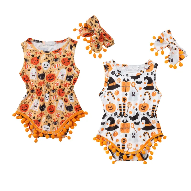 

2018 Brand New Summer Newborn Baby Boys Girls Halloween Sets Sleeveless O-Neck Tassels Romper Bow Headband 2Pcs Outfits 0-18M
