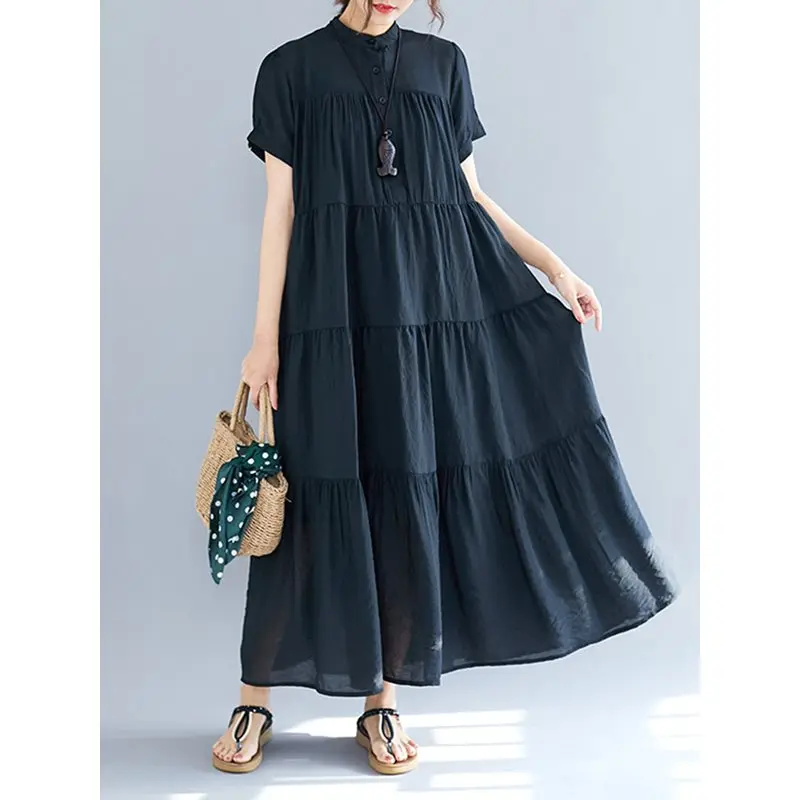 

Casual Plus Size Dress Women Summer Oversize Loose Pleated Korean Street Stylish Robe Big Swing Simple Basic Midi Dresses Female