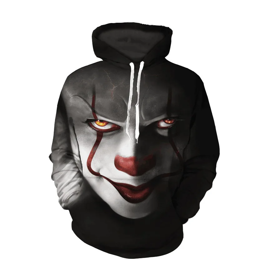 

Hot 2019 autumn winter loose casual Halloween scary 3D printing hooded clown baseball uniform couples fleece hoodie men plus 5XL