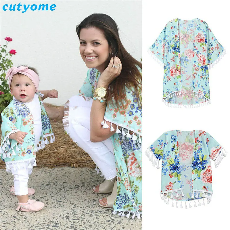

Mother&Kids Daughter Floral Dress Beach Bohemian Sunscreen Cape Clothes Family Look Matching Mommy And Me Holiday Dress Outfits
