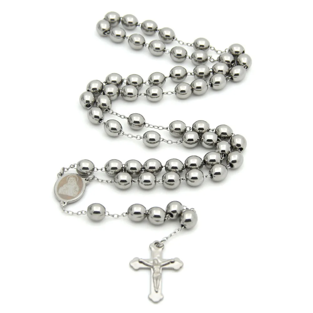 Hot 6mm Rosary Beads stainless steel Silver Chains pendant necklace Cross Jesus Womens Mens accessories Wholesale