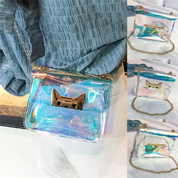 

Fashion Women Laser Clear Transparent Kitten Lock / Simple Lock Chain Crossbody Shoulder Bag Small Tote Hologram Handbag