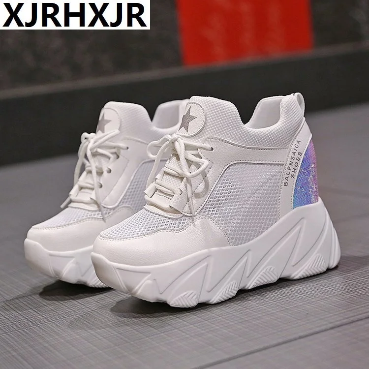 

Women 10cm high heels Breathable Sneakers increased Platform Shoes Casual Footwear Mesh White Shoes Women's Vulcanize Shoes