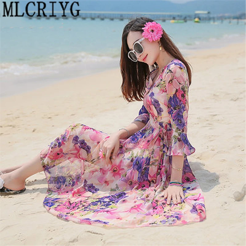 New 2028 Summer Dress Women Printted Chiffon Plus Size 3XL V Neck Sweet
