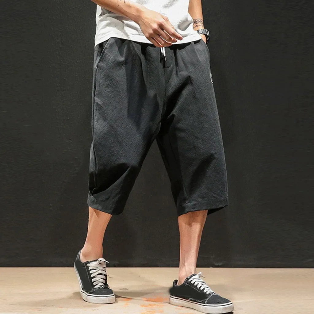 

Men's Cropped Pants New Style Pure Colour Cotton Hemp Pants Fashion Comfortable Trouser Plus Size Loose Pant Men