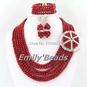 

Red Coral Beads Necklaces Bracelet Earrings Jewelry Set 6 Layers Nigerian Wedding African Costume Beads Jewelry Set CJ306
