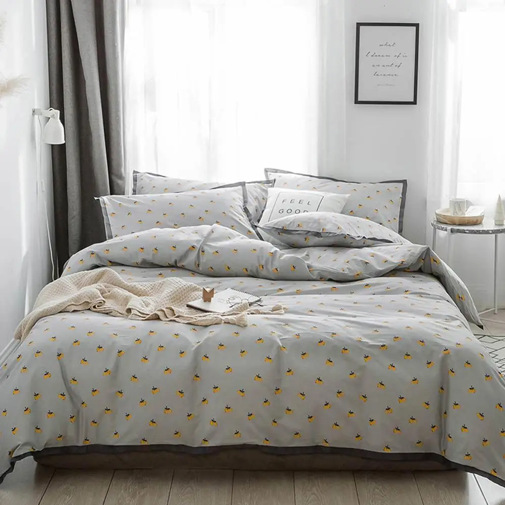 

2019 INS Yellow Fruits Grey Bed Cover Duvet Cover Set Cotton Bedding Set Bedlinens Twin Queen King Flat Sheet Fitted Sheet