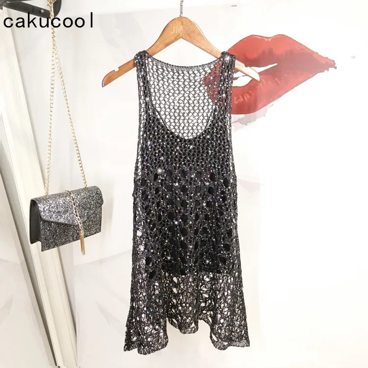 

Cakucool Women Sequined Knitted Tank Summer Top Sleeveless Pullover Bling Backless Sexy Blouse Hollow Out Slim Shirt Feminino
