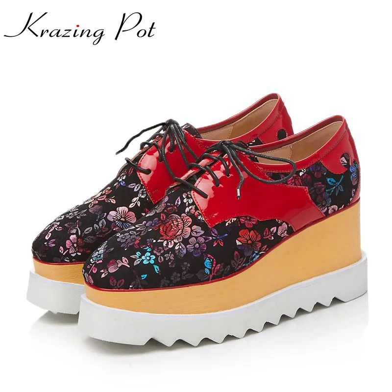 

Krazing Pot genuine leather sheep suede shoes women square toe embroidery women pumps wedge superstar beauty increased shoes L52