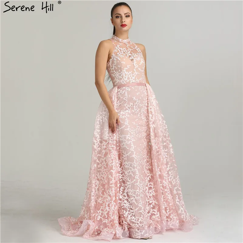 

Sexy Sheer Halter Beaded Lace Evening Dresses 2019 New Design Illusion Back Prom Gowns Dubai Robe De Soiree BLA6282