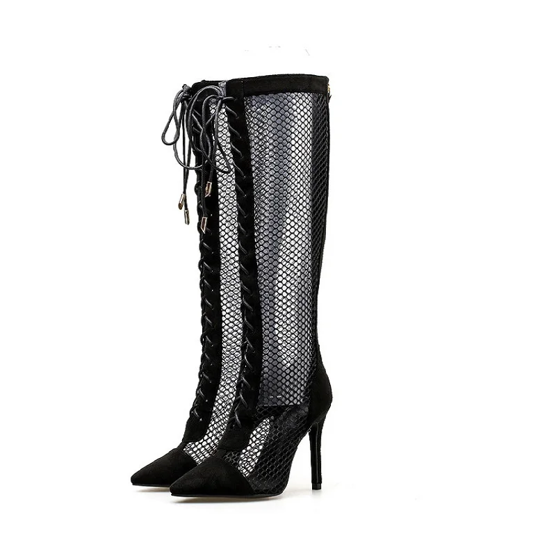 

2018 autumn Europe and the United States new high heels fashion hollow pointed high boots women's boots black ljj 1129