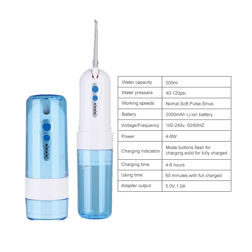 Irrigador de Água Oral sem Fio com Bolsa de Viagem Ponta do Jato Portátil Água Dental Flosser Recarregável 4 Modos Nariz Limpo 200 ml 5 Usb 7 Fio dental elétrico