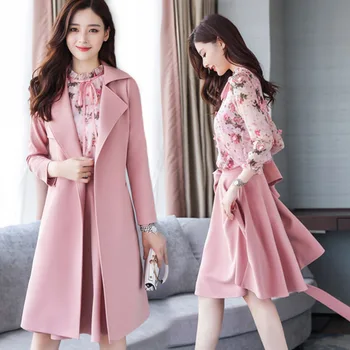 

Winter Spring Women Floral Clothes 3 Pieces Set Women Woolen Coat Chiffon Shirt Skirt Three-piece High Quality Office Suit