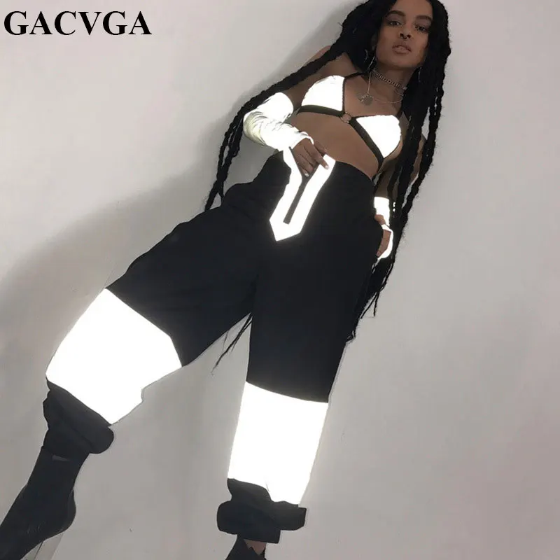 

GACVGA 2019 Reflective Pants Patchwork Hip Hop Harem Pants Harembroek Summer Pants Breech Zipper Punk Rock Casual Loose Trousers