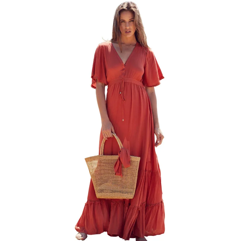 Красное хлопковое платье с рюшами в стиле бохо, Пляжное Платье Макси трапециевидной формы с v-образным вырезом, женское платье с коротким рукавом в стиле пэчворк, длинное повседневное летнее платье