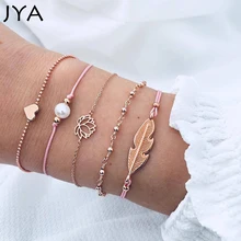 

JYA Trendy Bracelets for Women Charm Bracelets with Leaf Pearl Lotus Heart Shape Pendants Multi Chains Set Golden Beads Strand