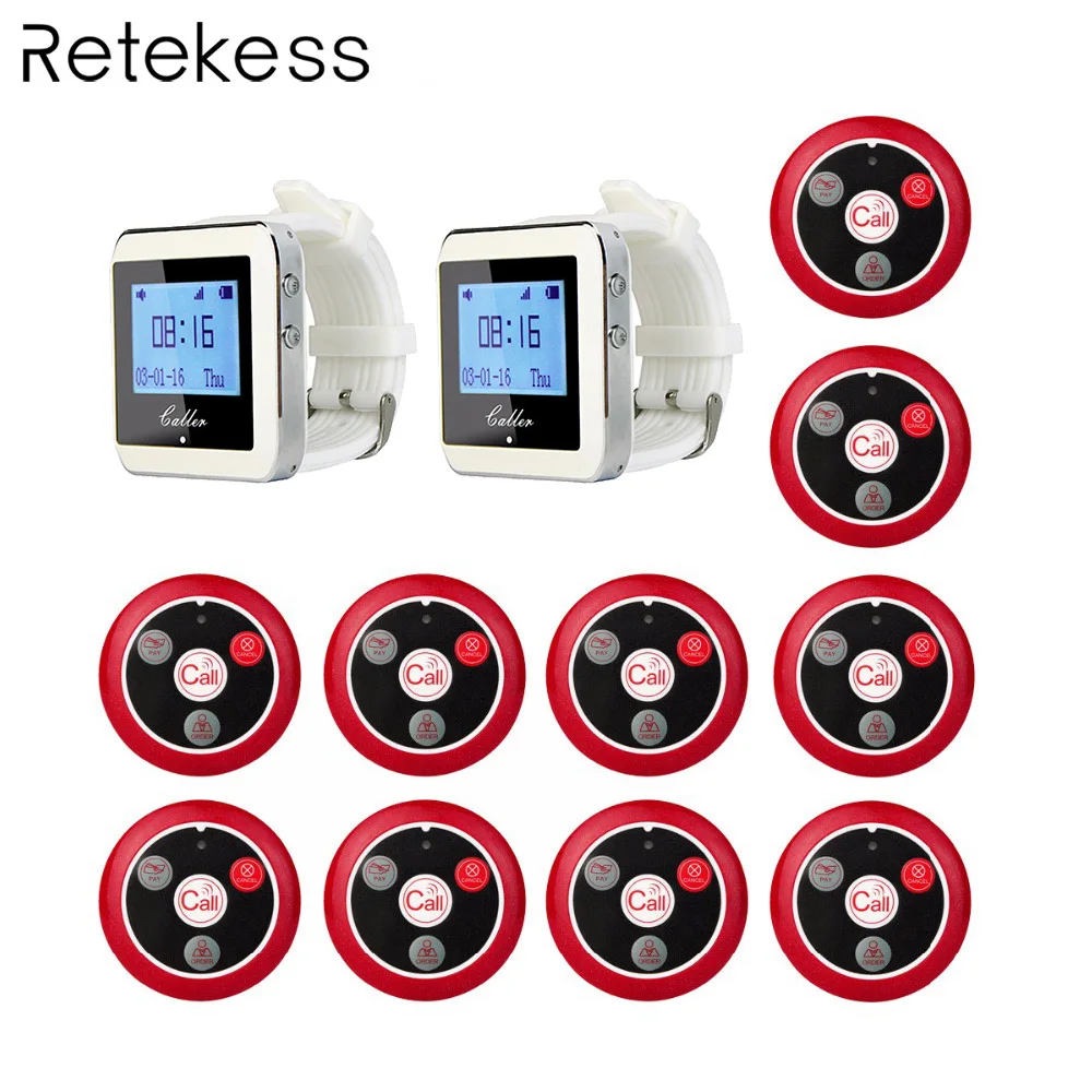 

Retekess 10pcs T117 Call Button Transmitter + 2pcs Watch Receiver 433MHz 999CH Wireless Pager Restaurant Waiter Calling System