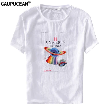 

Linen Cotton Cool Breathable Anti-static Men T Shirt Short Sleeve Space Ship Embroidery Casual White O-neck Quality Man T-shirts