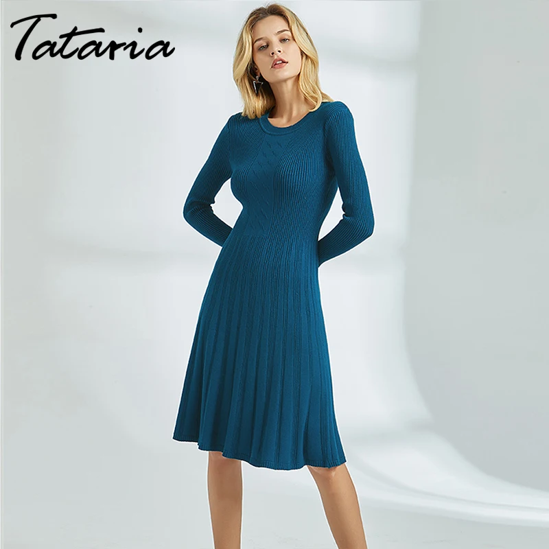 

Tataria Knitted Dresses Women Knee Length Knitted Winter Dresses Sweater Women Long Sleeve Silm Sweater Dress for Women Elegant