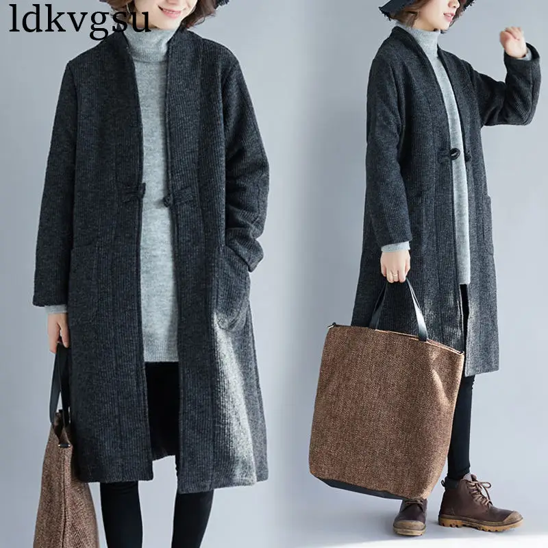 

2019 NEW Spring Autumn Coats retro Large Size Loose Long section Buckle Cardigan Windbreaker Jacket Female Outerwear V219