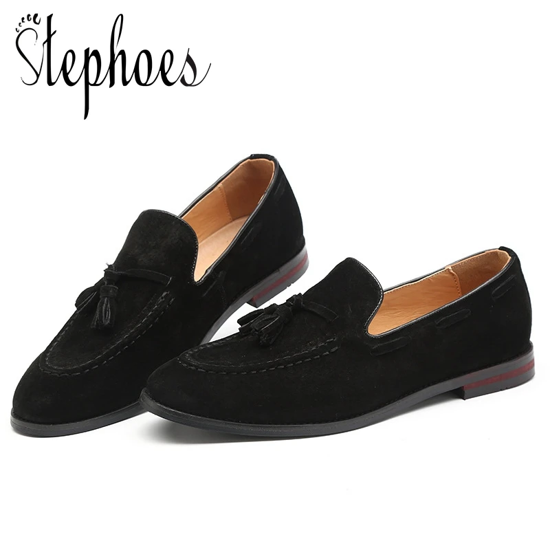 

Stephoes Suede Leather Men Slip on Driving Moccasins Loafers British Style Retro Comfortable Tassel Men Flat Boat Shoes Big Size
