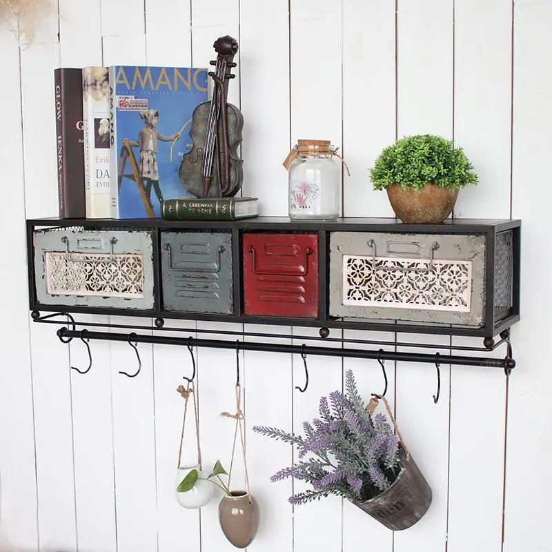 

Vintage Iron Shelf American Style Wall Decoration Storage Drawer Organizer