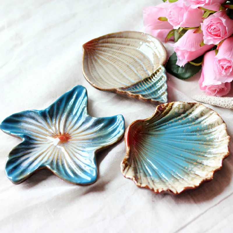 

Creative Ceramic Mediterranean Style Seashells Starfish Conch Dish Plates Soap Box Home Decro Ornaments
