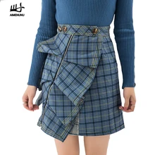 AIMENUNU Асимметричная клетчатая юбка Лоскутная оборки молния Женская высокая талия черные юбки женская модная одежда осень новая