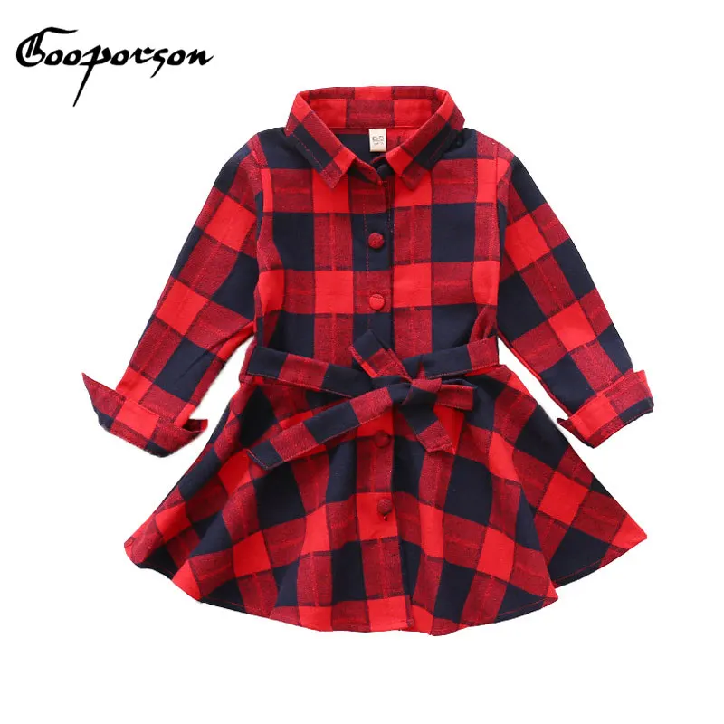 

2018 Girls Spring Dress Long Sleeve Red Plaid Casual Dress With Belt Fashion New Brand Kids Autumn Dresses Clothes Children