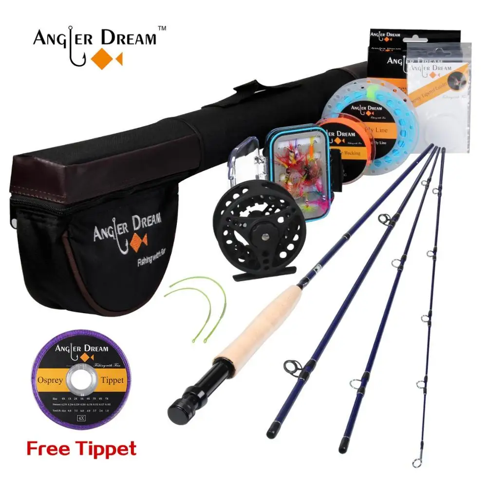 Angler Dream 5WT Летающий рыболовный комплект 9FT средний-Быстрый Летающий стержень предварительно-Spoled Fly Reel 5F Fly Line с Cordura трубка-треугольник - Цвет: BLACK BLUE