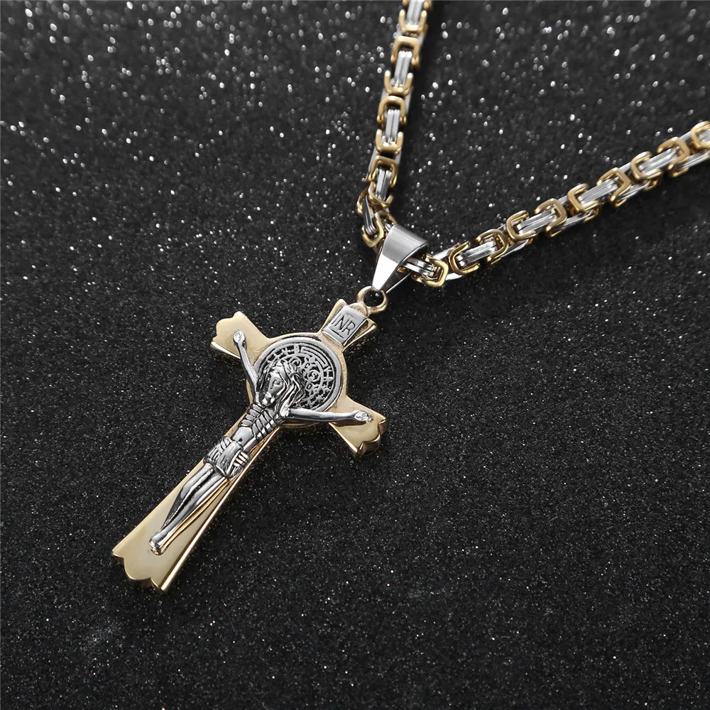 10pcs/Lot Stainless Steel Saint Catholic Benedict Crucifix San Benedicto St Benedict Necklace Crucifix Byzantine Chain