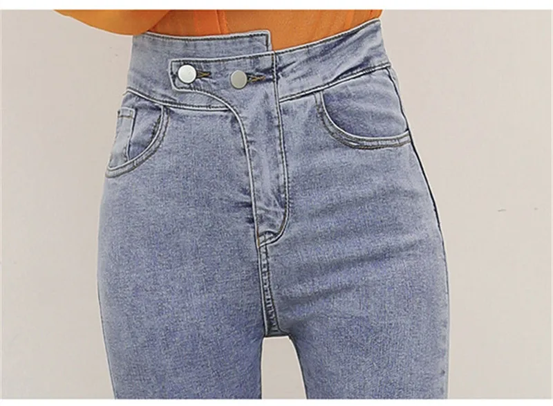 WKOUD/джинсы с высокой талией, женские весенние модные однотонные синие джинсы, поцарапанные джинсовые узкие брюки, повседневные обтягивающие джинсы P8843