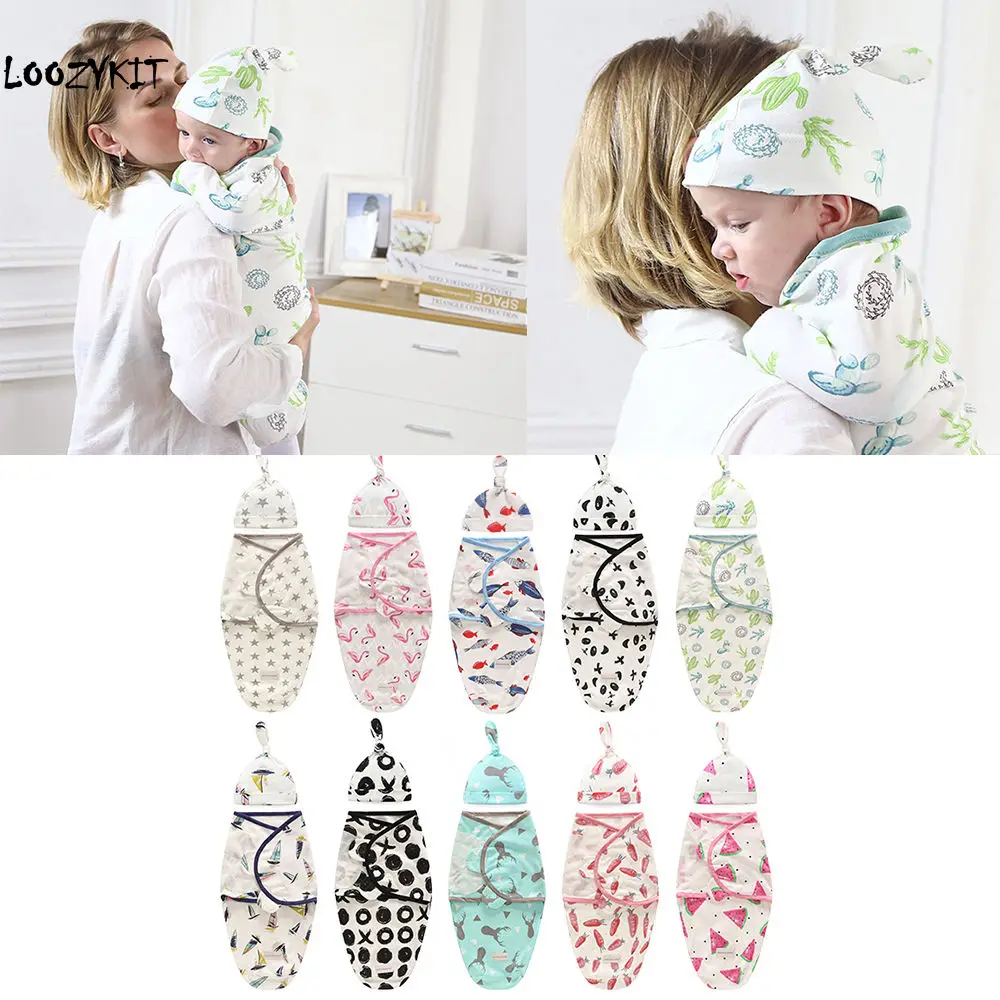 Loozykit 2 Pieces Set Newborn Swaddle Wrap+Hat Cotton Baby Receiving Blanket Bedding Cartoon Cute Infant Sleeping Bag For 0-6M