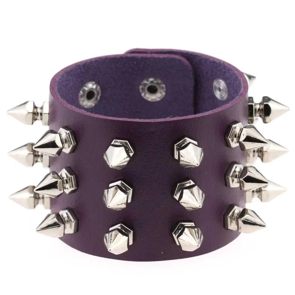 KMVEXO уникальный 3 ряда Заклепки-шипы гвоздики широкие манжеты кожа панк готический рок унисекс-браслет жгут браслеты для женщин мужские ювелирные изделия - Окраска металла: Purple