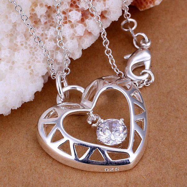 

2016 new style heartFree Shipping silver plated Necklace, sterling-silver-jewelry Zircon inlay double heart /AKXPVAOJ AKXPVAOJ