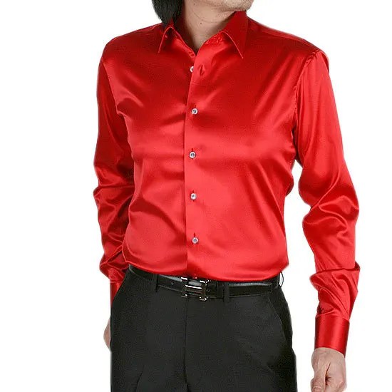 Men Luxury Silky Long Sleeve Fashion Loose Casual Silk Like Dress Shirt Plus size Wedding Party Stage Clothes