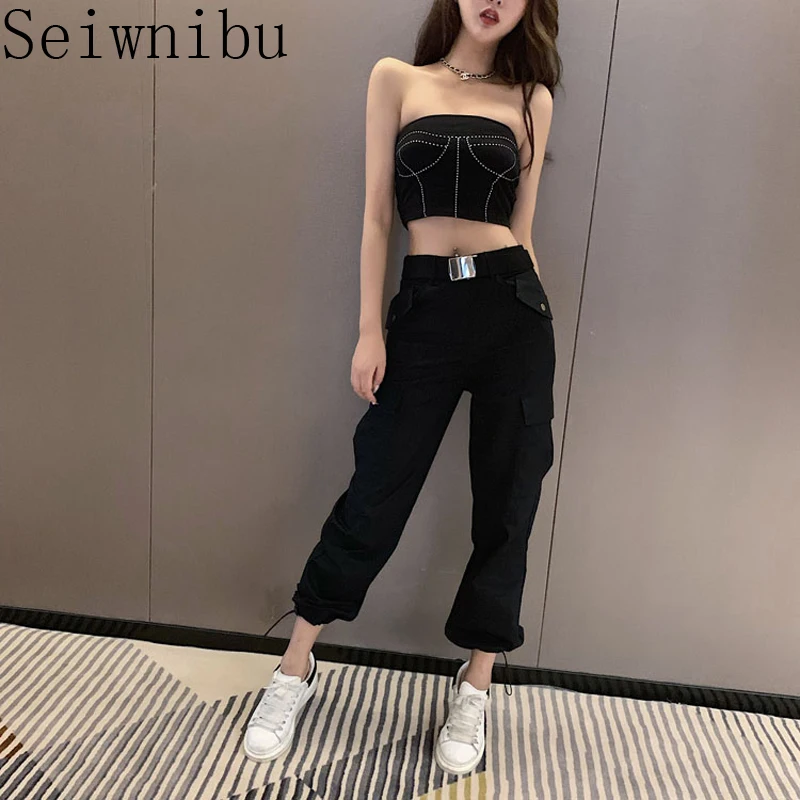 

Women Cotton Tube Top +Casual Trousers Belt Spring Summer Women's Office Workwear Pants Suits Overalls 2 pieces set