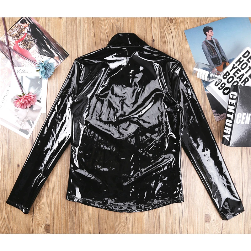 YiZYiF Men Shiny Metallic Front-Zip Stand Collar Tops Wet Look Sexy Patent Leather Nightclub Style Long Sleeve Tops For Men motorcycle leather jackets