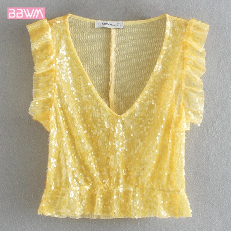 

2019 summer women's new ruffled V-neck beads TOPS Heavy work sequins sparkling sequins set of head sexy female shirt tee