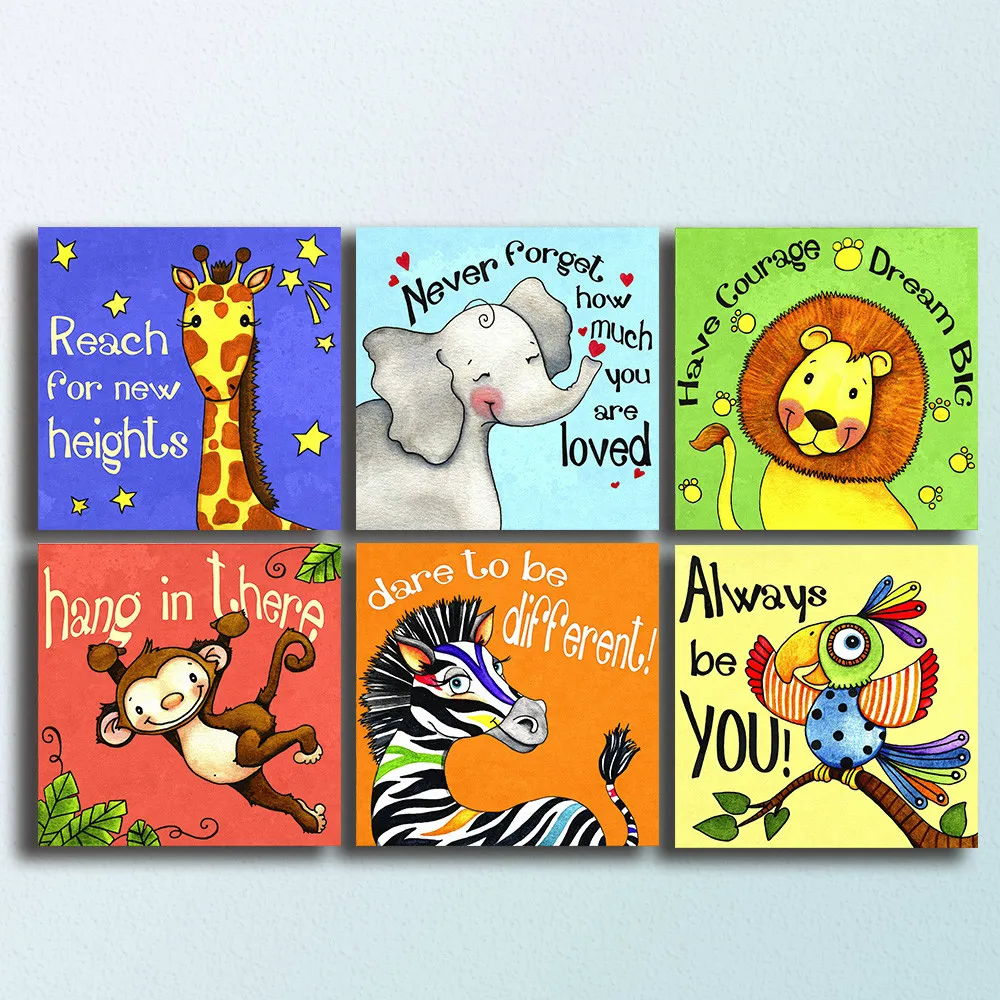 Art Canvas painting Oil Painting 6 PCS/Set Modern Cartoon Animals Wall Pictures Wall Deco Wall Stickers For Kids Rooms